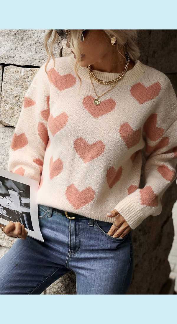 Heart Pattern Dropped Shoulder Sweater