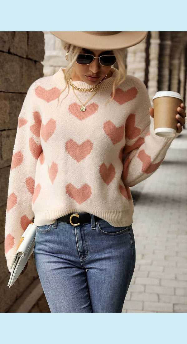 Heart Pattern Dropped Shoulder Sweater