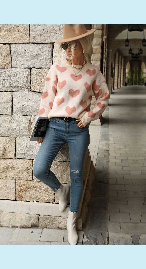 Heart Pattern Dropped Shoulder Sweater