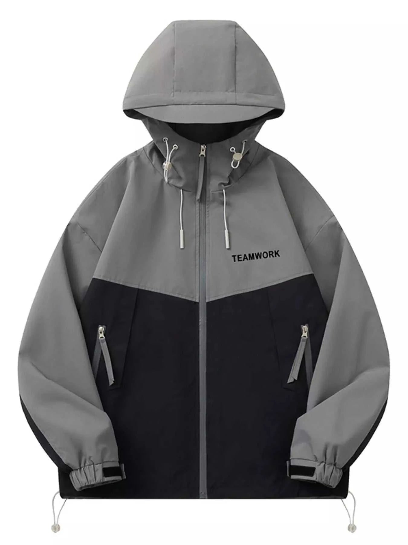 Gray and black jacket with 'TEAMWORK' text on a white background