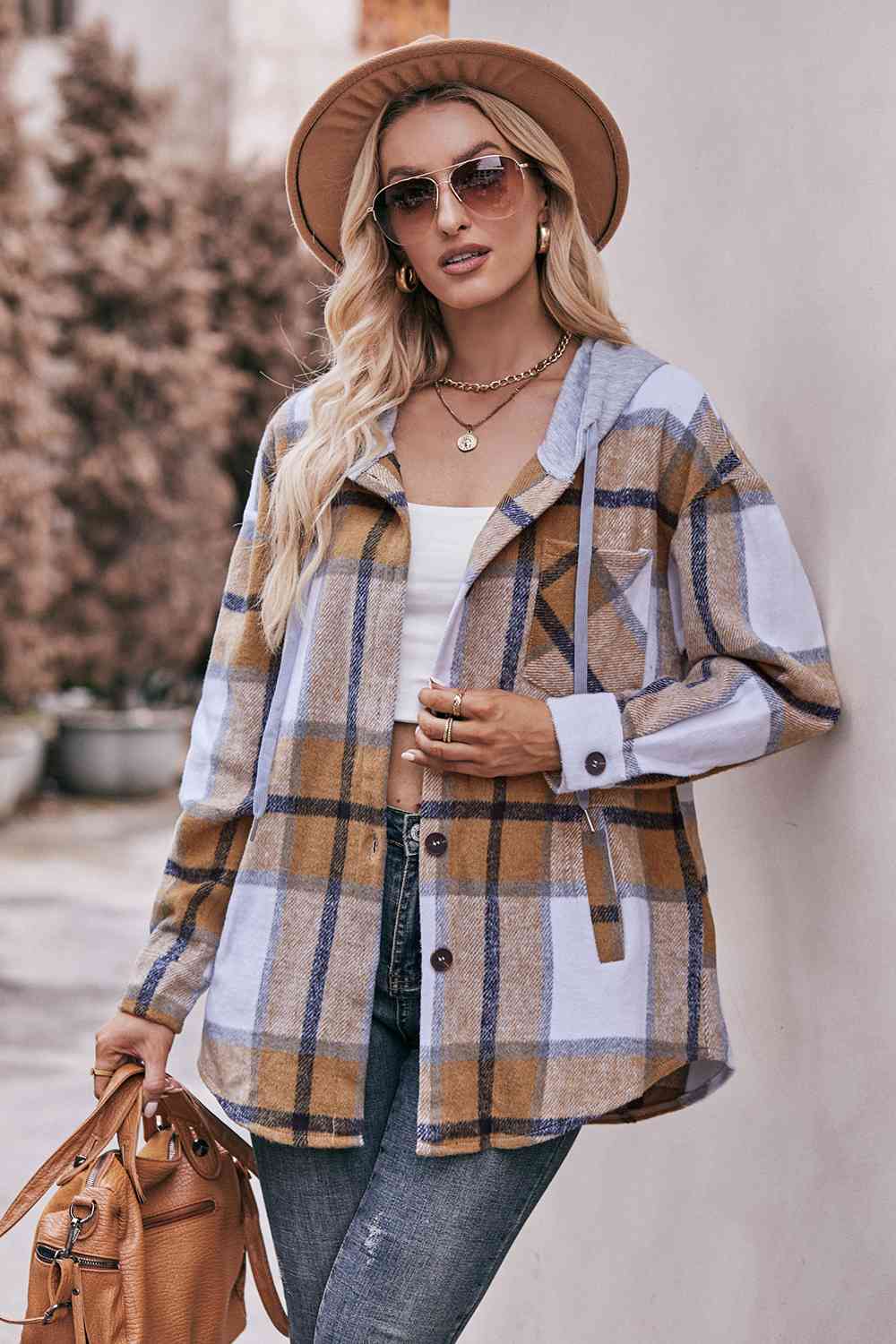 Womens Plaid Dropped Shoulder Hooded Jacket