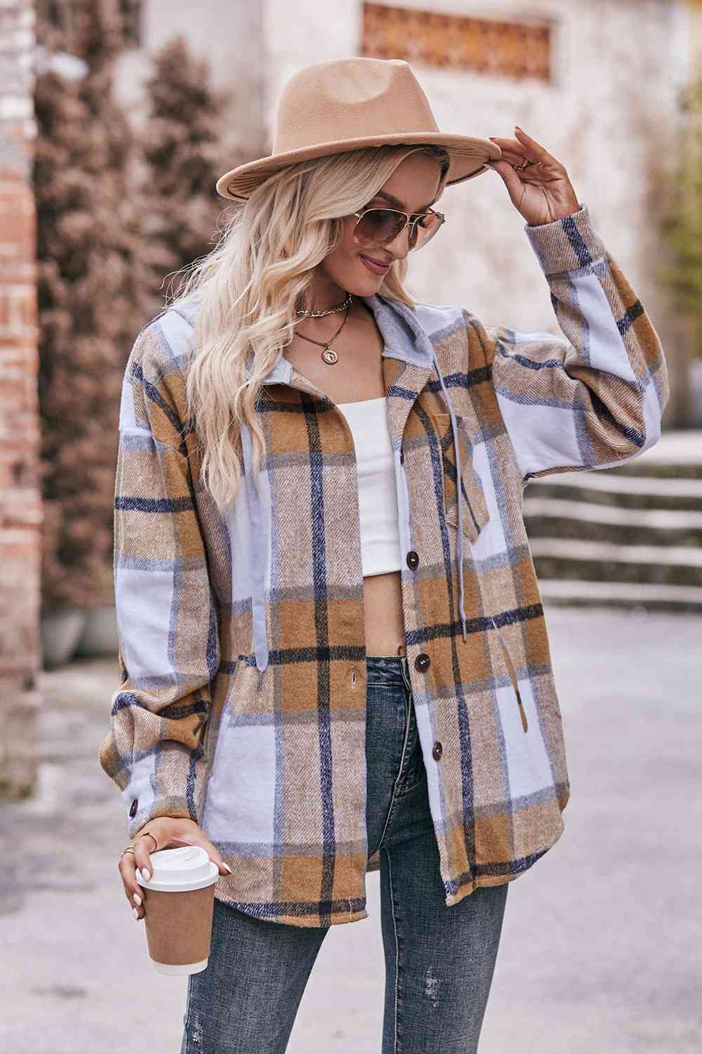 Womens Plaid Dropped Shoulder Hooded Jacket