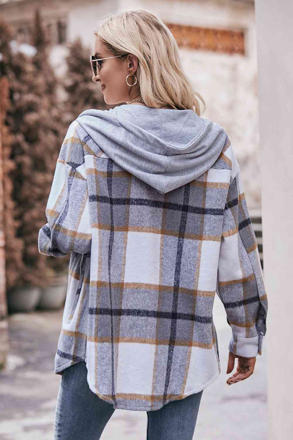 Womens Plaid Dropped Shoulder Hooded Jacket