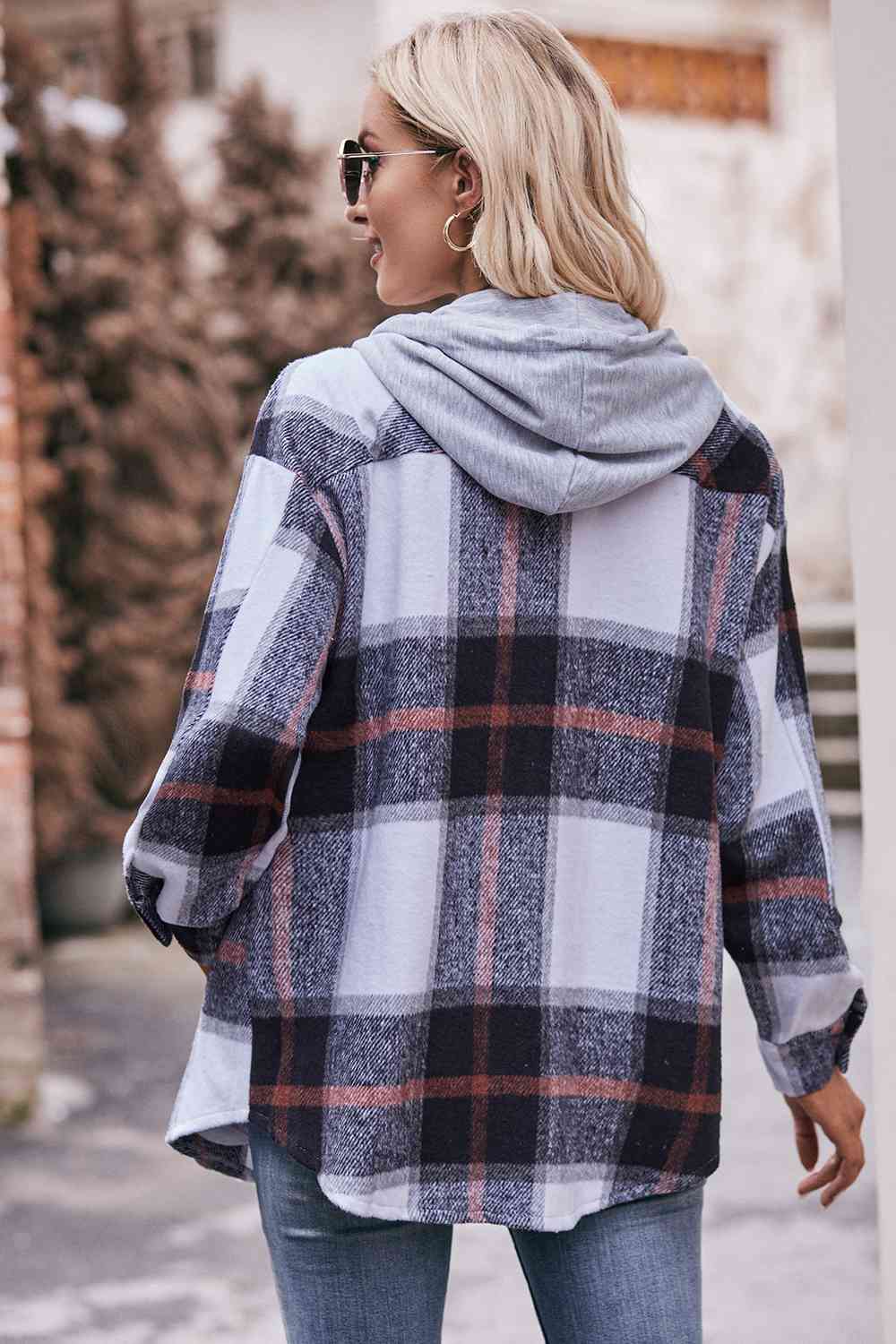 Womens Plaid Dropped Shoulder Hooded Jacket
