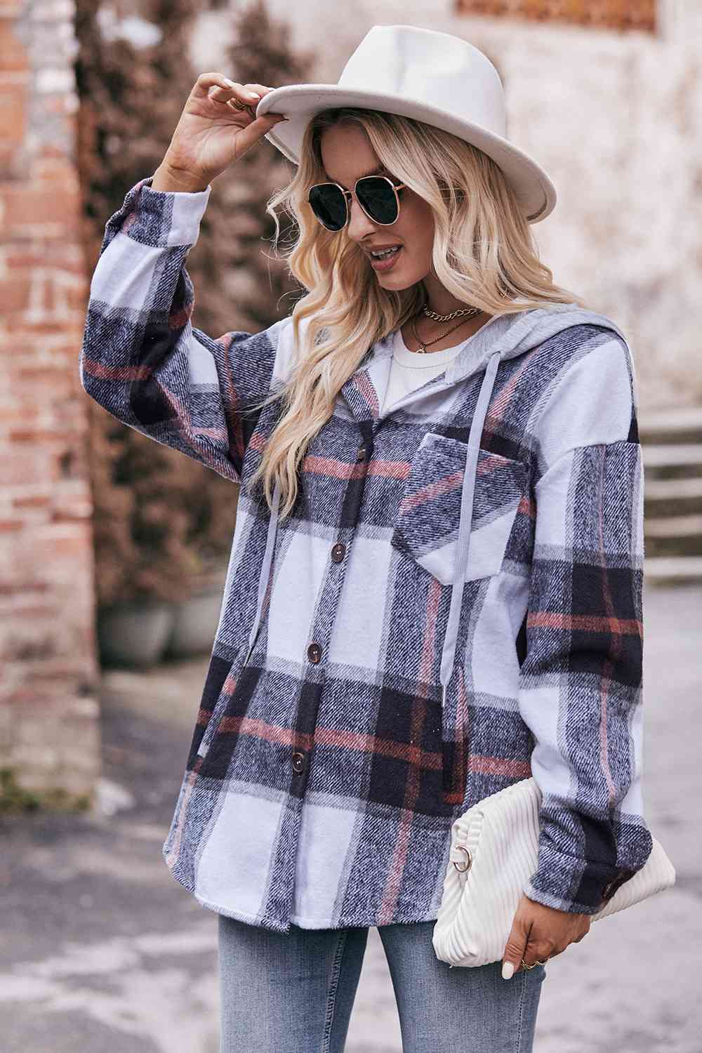 Womens Plaid Dropped Shoulder Hooded Jacket