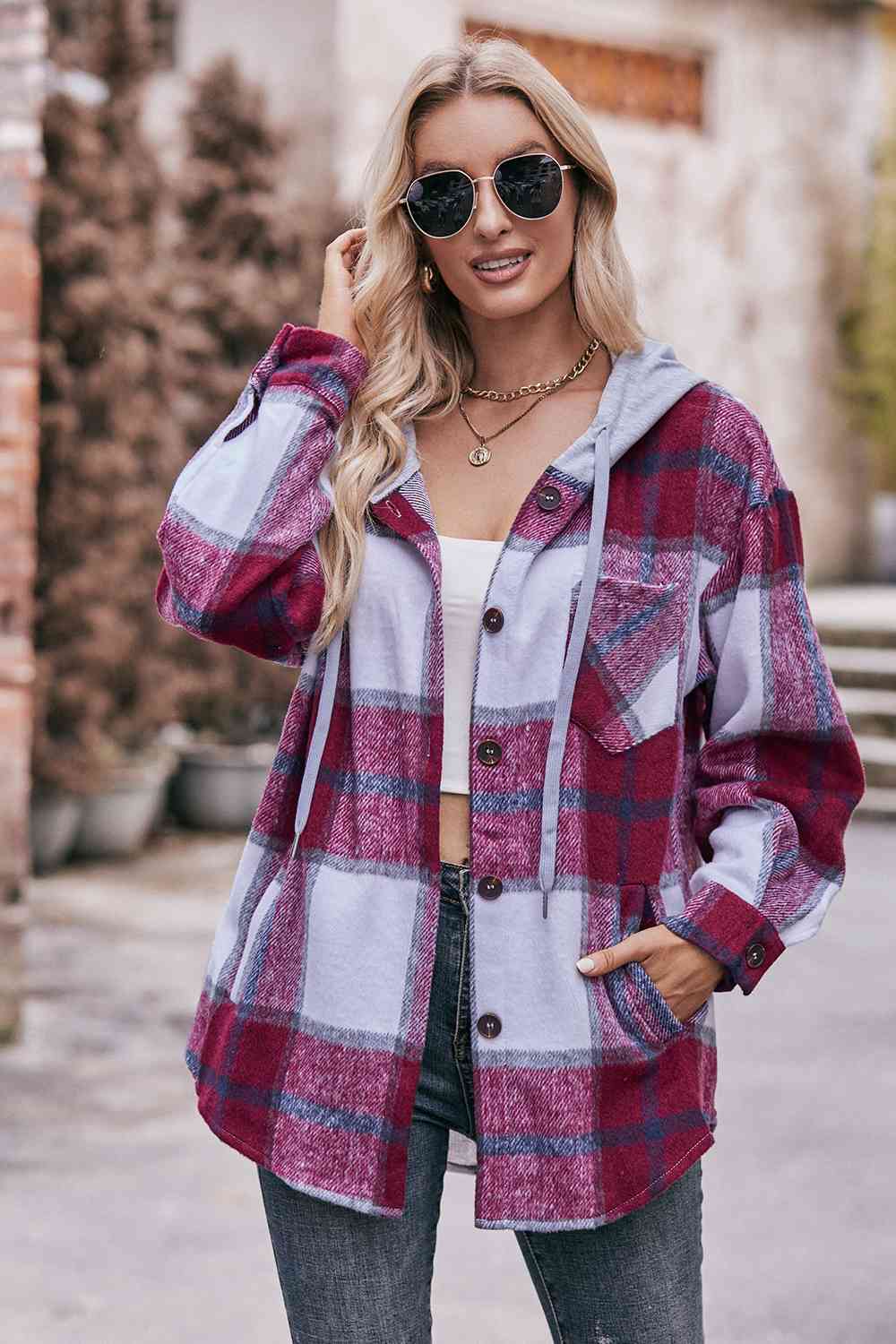 Womens Plaid Dropped Shoulder Hooded Jacket