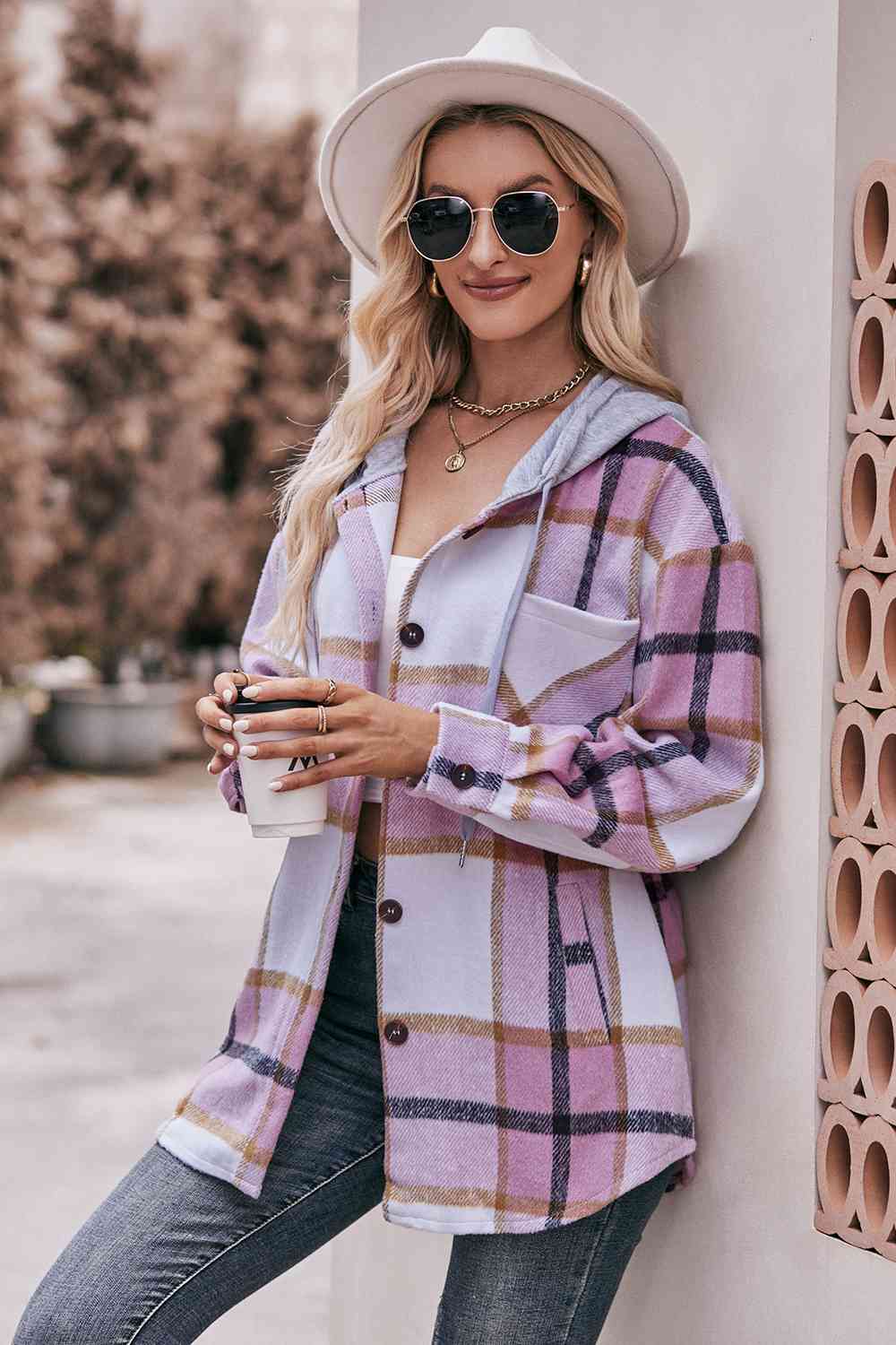 Womens Plaid Dropped Shoulder Hooded Jacket