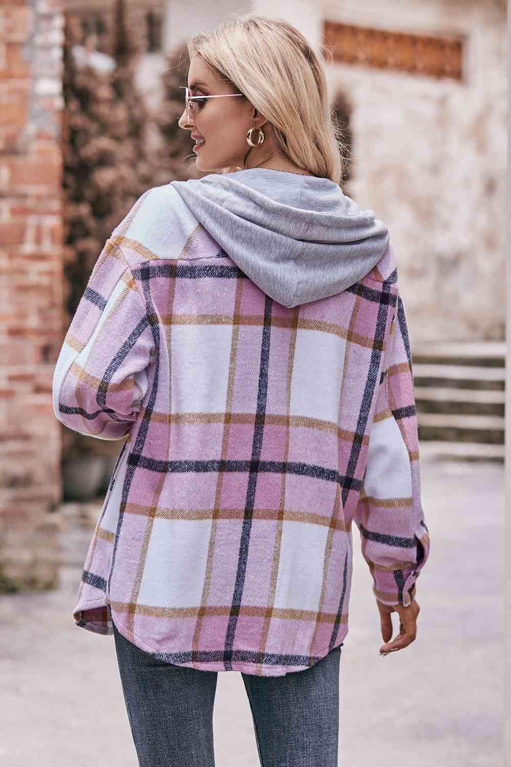 Womens Plaid Dropped Shoulder Hooded Jacket