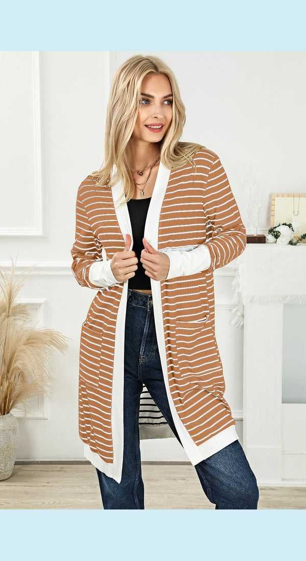 Striped Open Front Longline Cardigan
