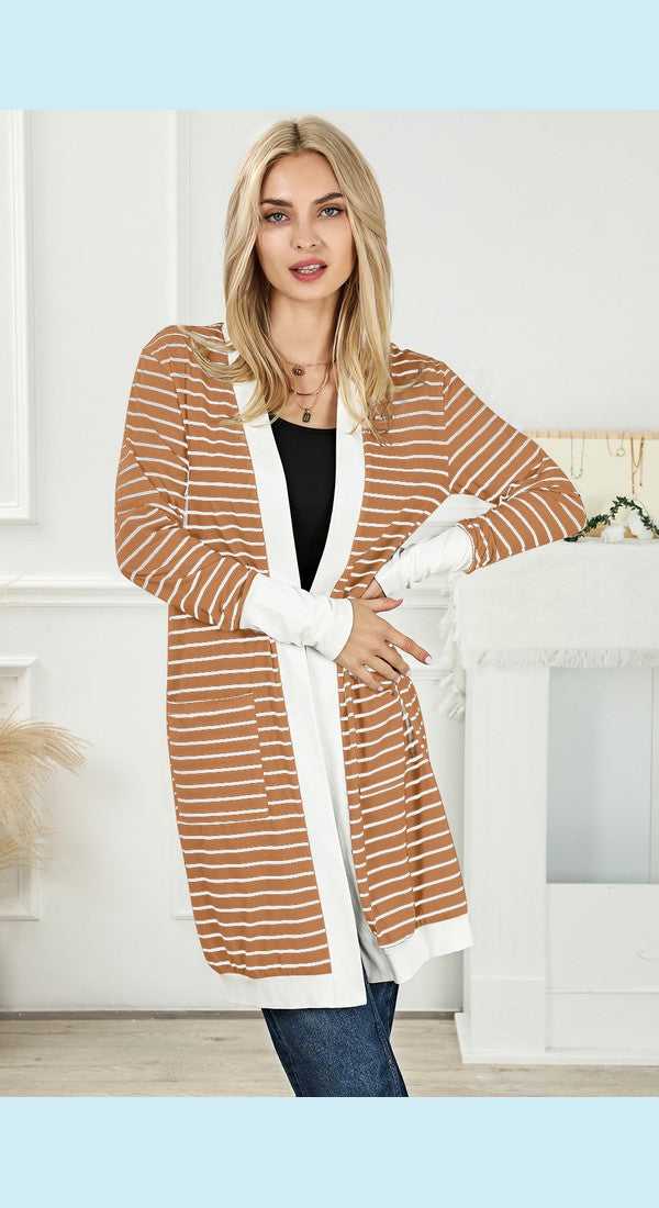 Striped Open Front Longline Cardigan