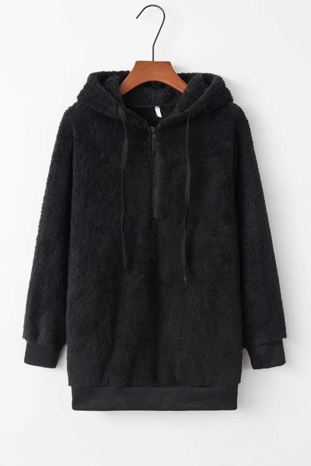Full Size Quarter-Zip Drawstring Teddy Hoodie