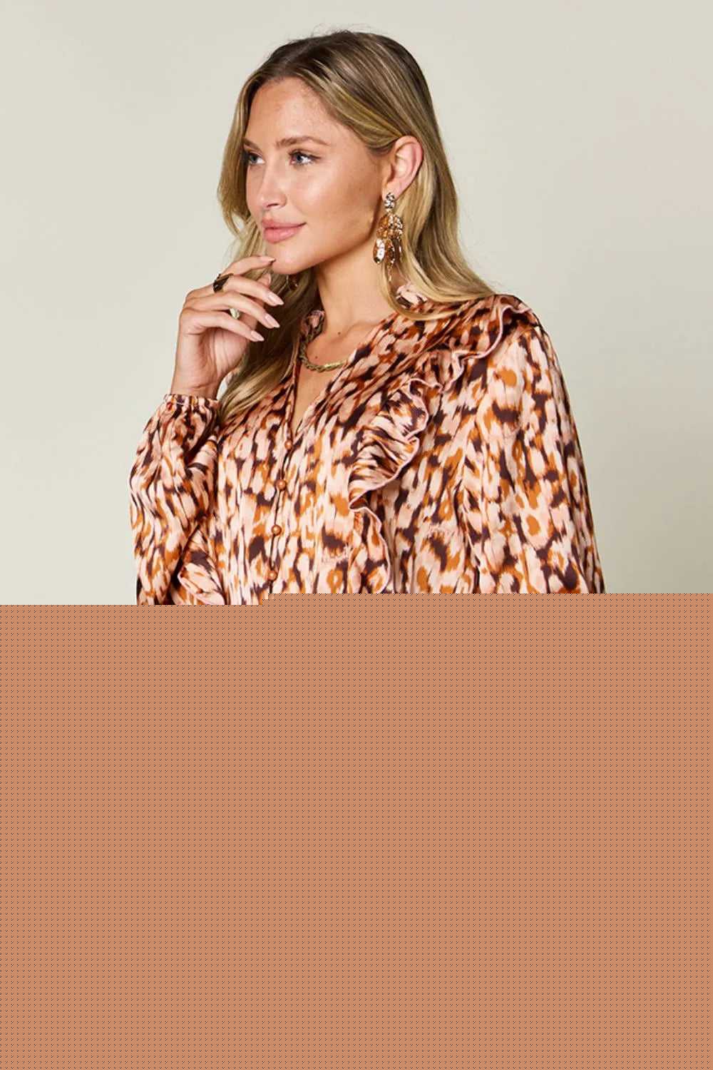 Double Take Full Size Printed Ruffle Trim Balloon Sleeve Shirt