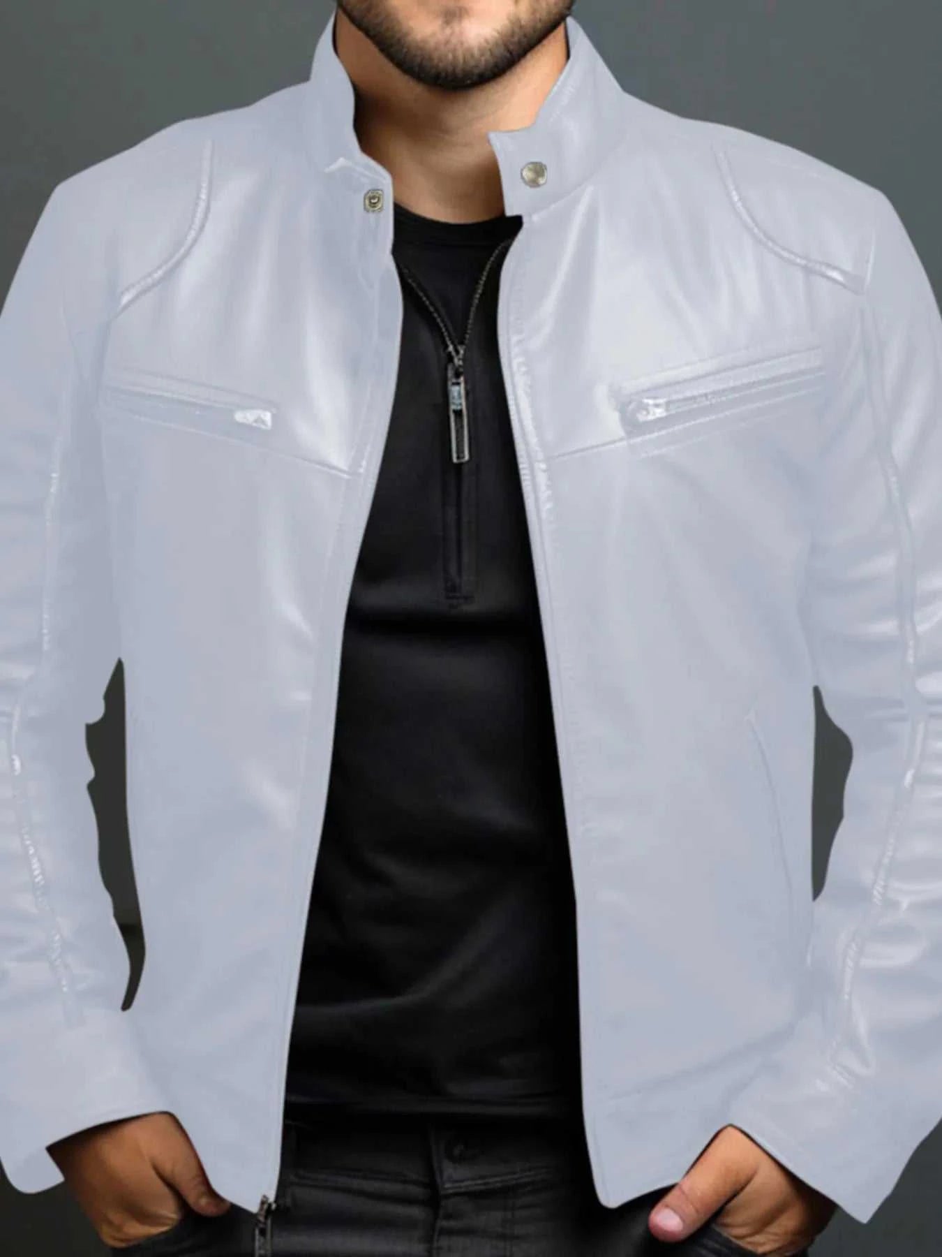Men's Full Size Leather Motorcycle Jacket with Zipper Front Plus Size