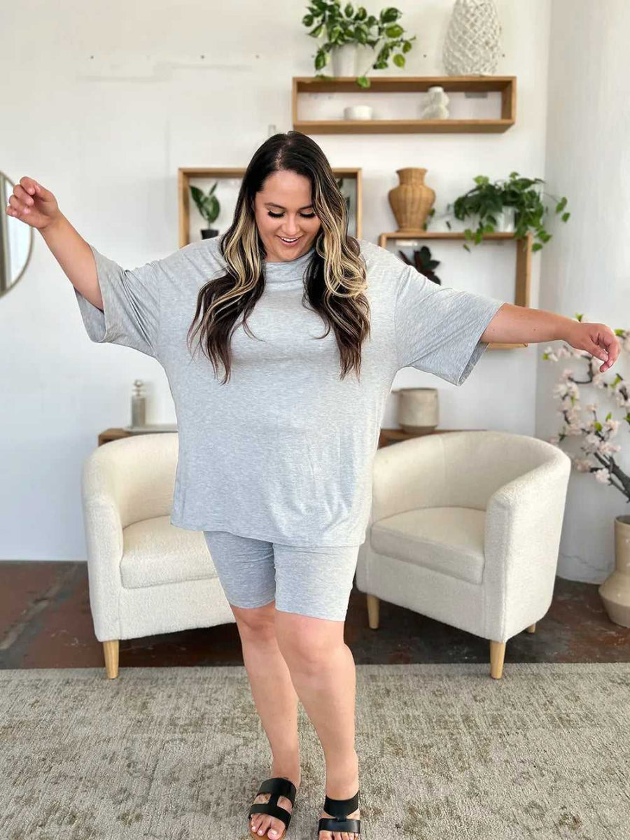 Basic Bae Bamboo Full Size Round Neck Drop Shoulder T-Shirt and Shorts Set - Hopeford Streams