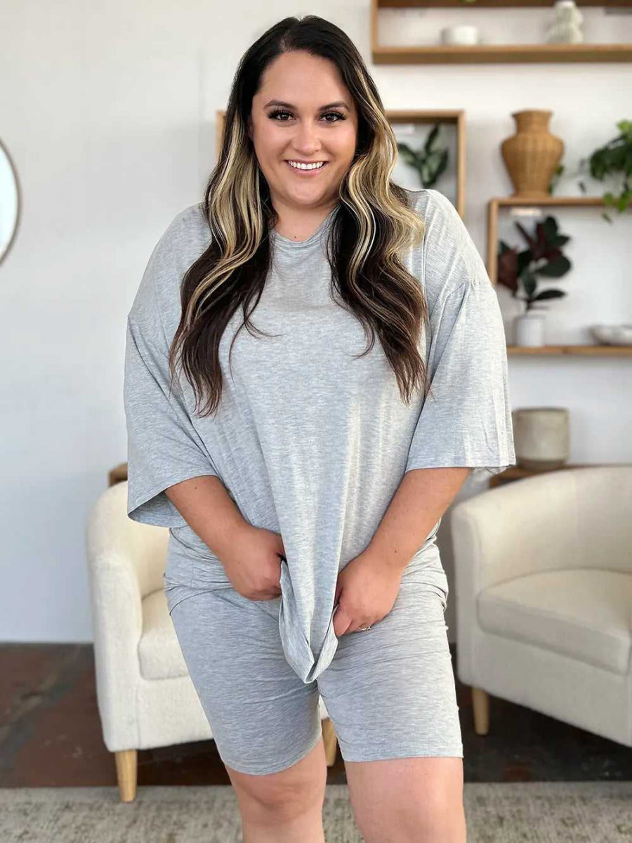 Basic Bae Bamboo Full Size Round Neck Drop Shoulder T-Shirt and Shorts Set - Hopeford Streams
