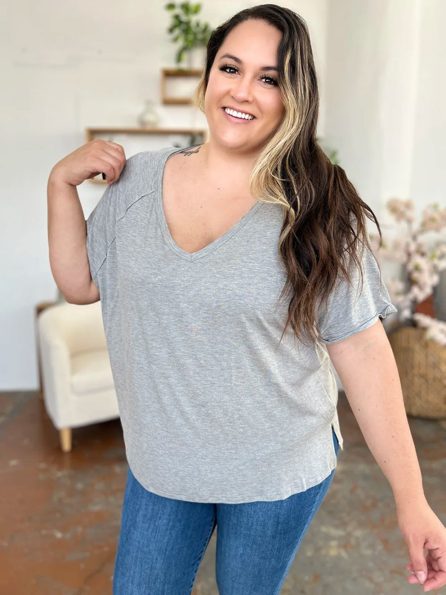 Basic Bae Full Size Bamboo Slit V - Neck Short Sleeve T-Shirt - Hopeford Streams