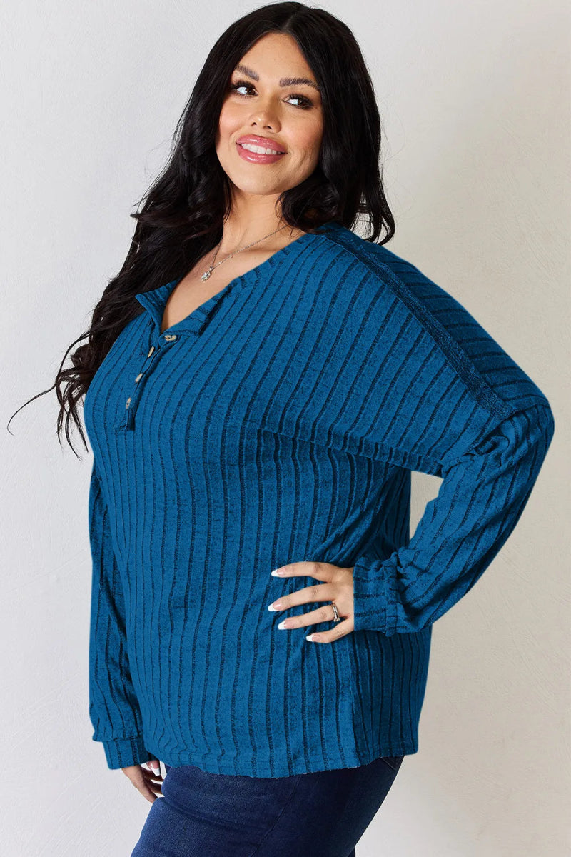 Basic Bae Full Size Ribbed Half Button Long Sleeve T-Shirt - Hopeford Streams
