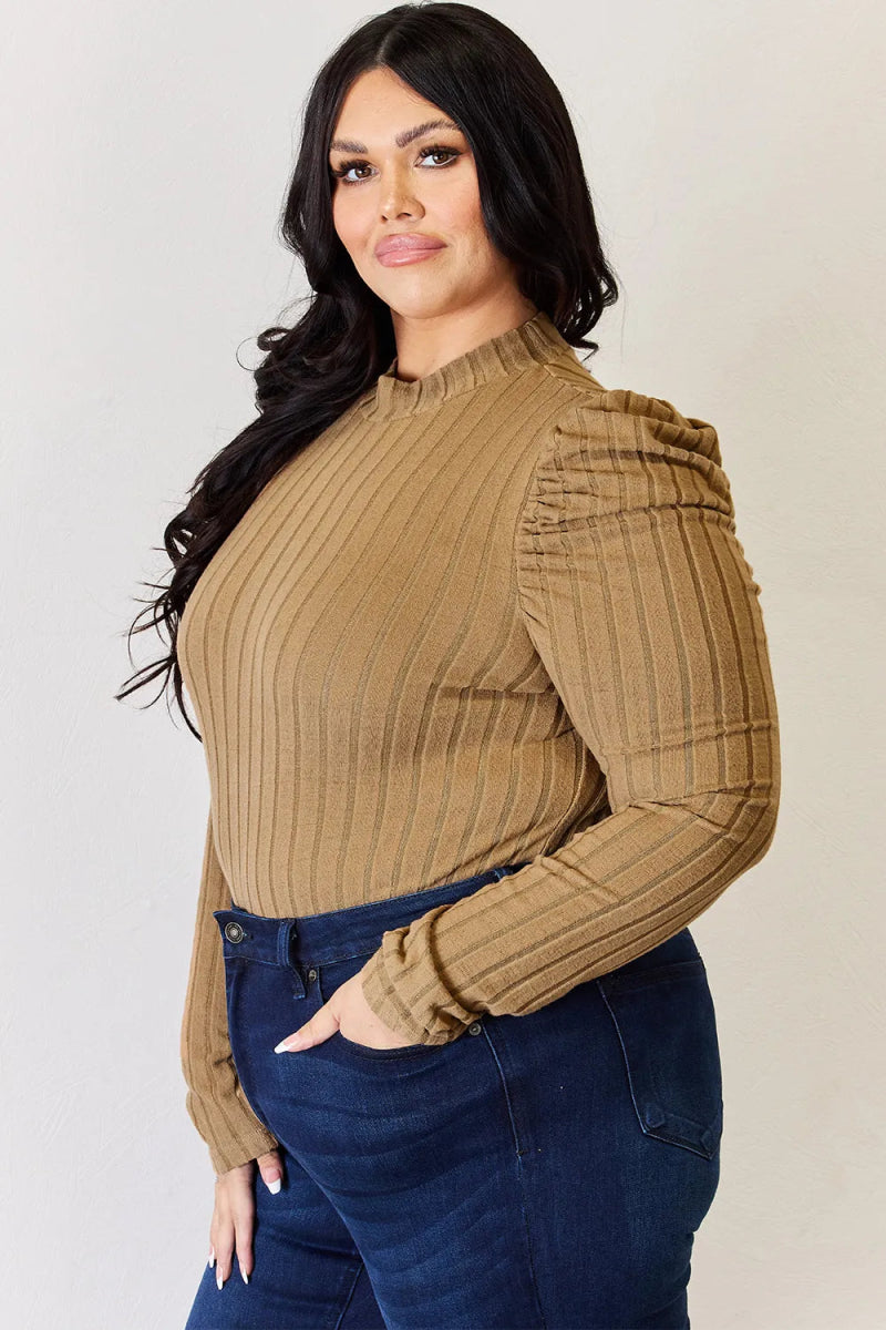 Basic Bae Full Size Ribbed Mock Neck Puff Sleeve T-Shirt - Hopeford Streams
