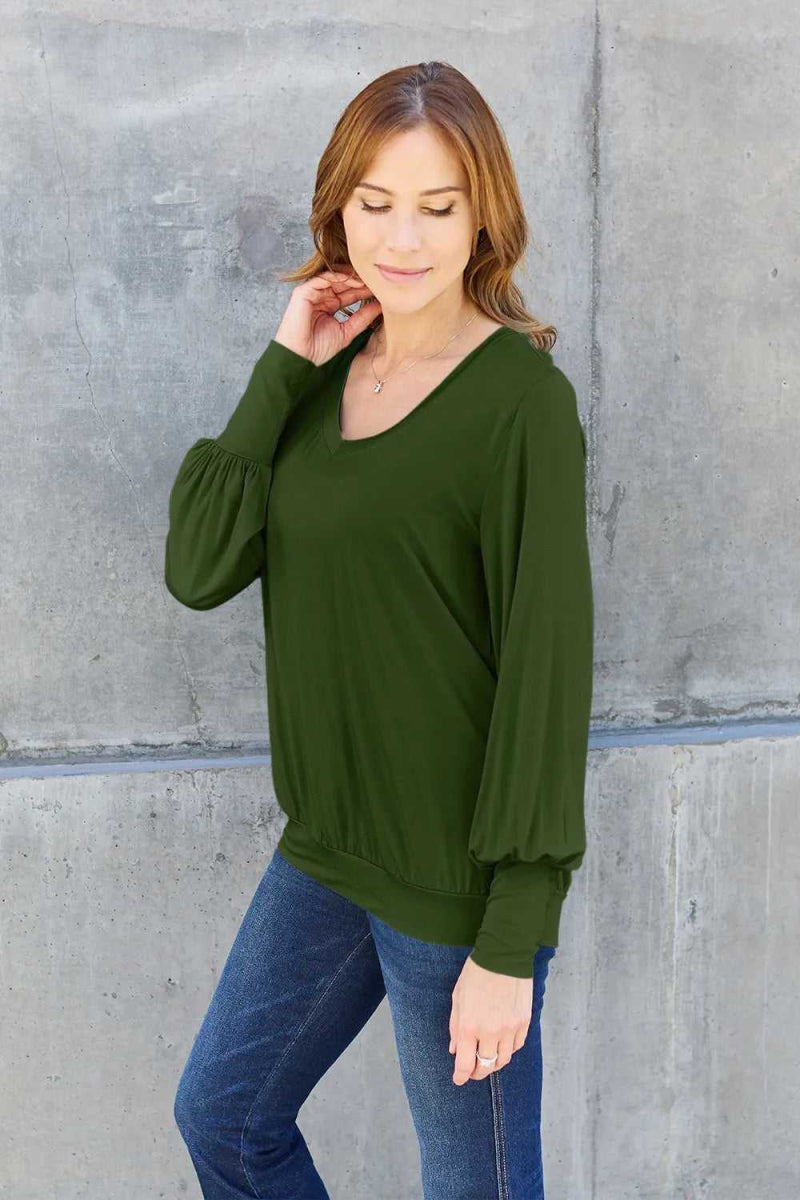 Basic Bae Full Size V - Neck Lantern Sleeve Top - Hopeford Streams