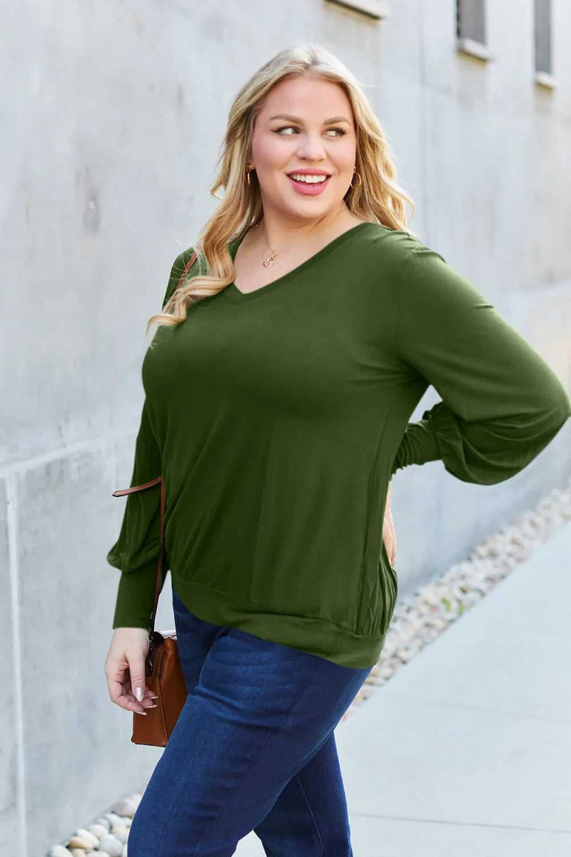 Basic Bae Full Size V - Neck Lantern Sleeve Top - Hopeford Streams