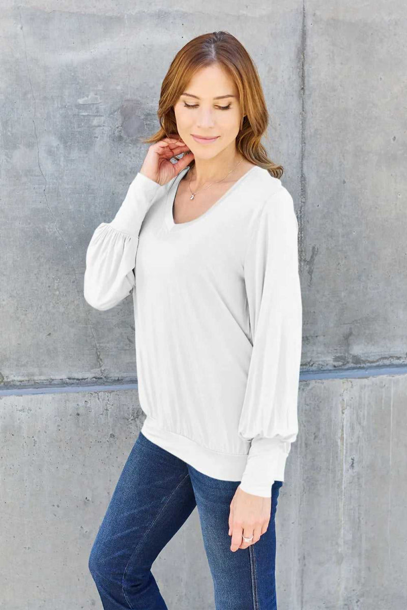 Basic Bae Full Size V - Neck Lantern Sleeve Top - Hopeford Streams