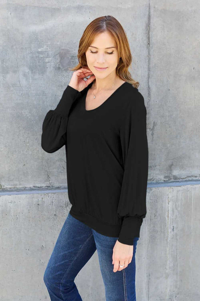 Basic Bae Full Size V - Neck Lantern Sleeve Top - Hopeford Streams