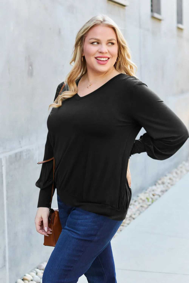Basic Bae Full Size V - Neck Lantern Sleeve Top - Hopeford Streams