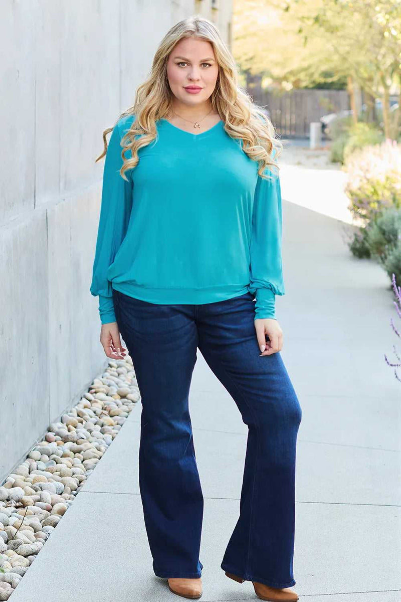 Basic Bae Full Size V - Neck Lantern Sleeve Top - Hopeford Streams