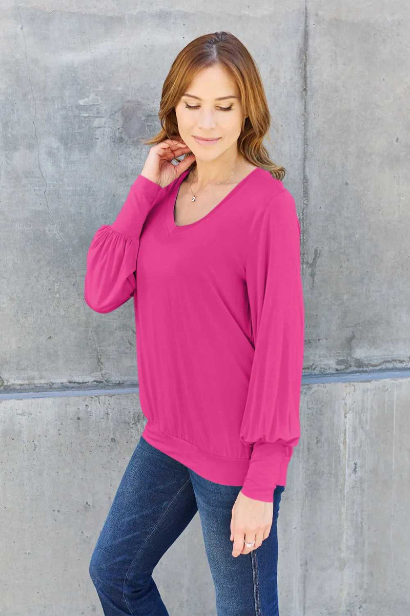 Basic Bae Full Size V - Neck Lantern Sleeve Top - Hopeford Streams
