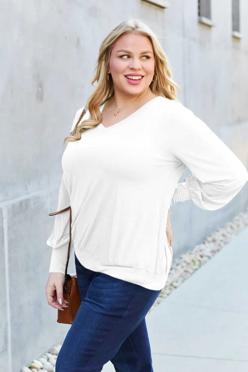 Basic Bae Full Size V - Neck Lantern Sleeve Top - Hopeford Streams