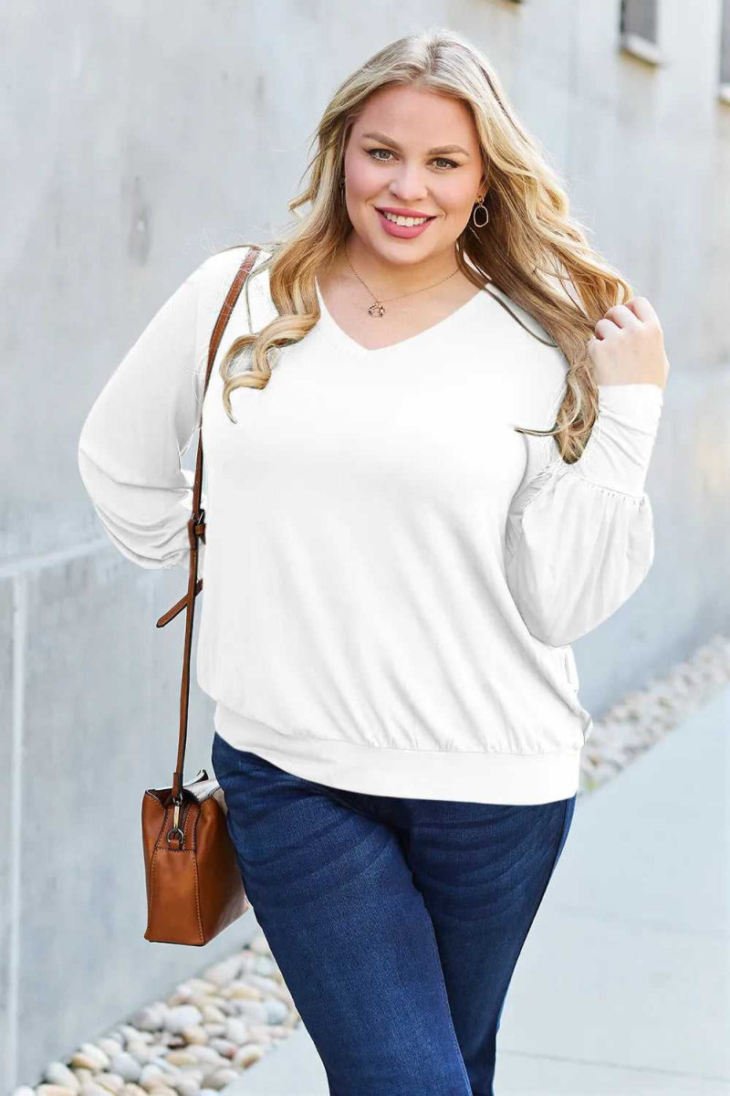 Basic Bae Full Size V - Neck Lantern Sleeve Top - Hopeford Streams
