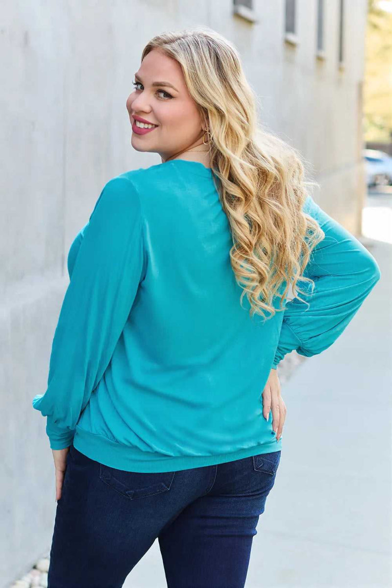 Basic Bae Full Size V - Neck Lantern Sleeve Top - Hopeford Streams