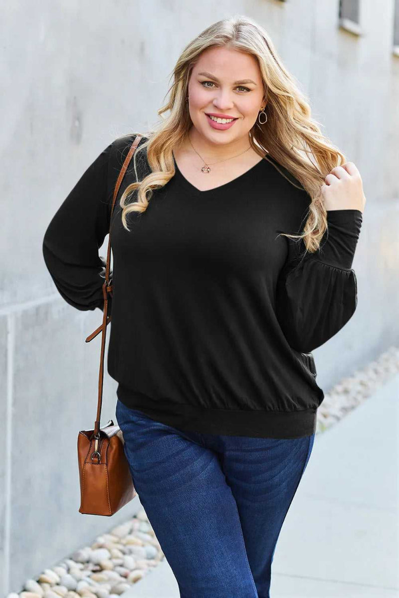 Basic Bae Full Size V - Neck Lantern Sleeve Top - Hopeford Streams