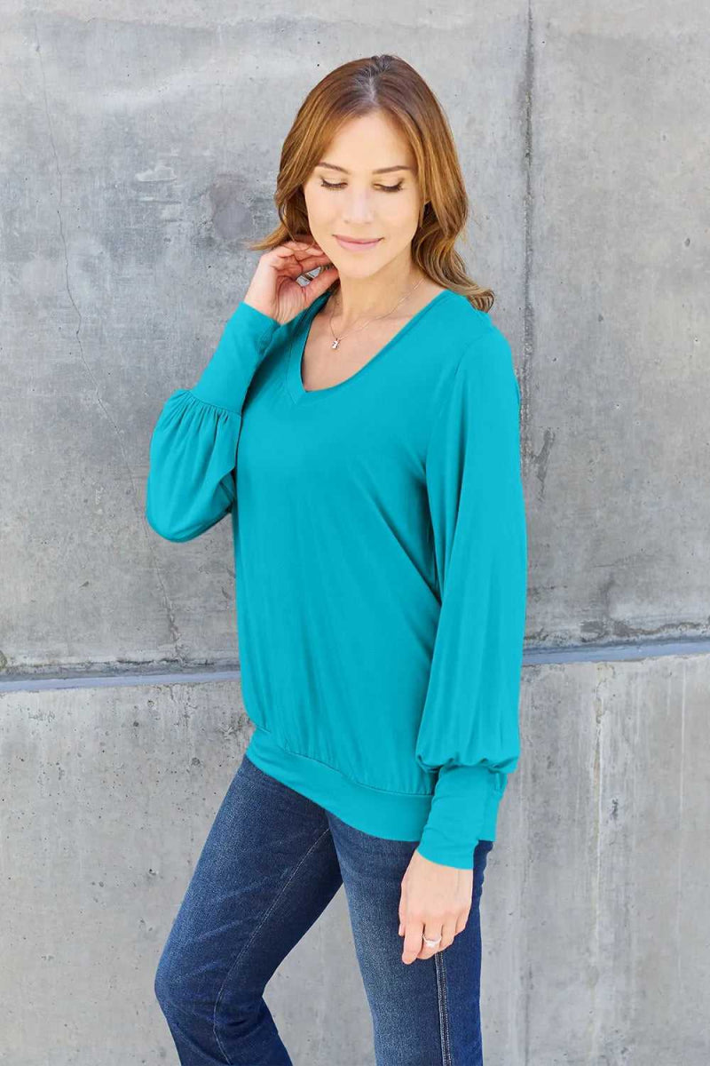 Basic Bae Full Size V - Neck Lantern Sleeve Top - Hopeford Streams