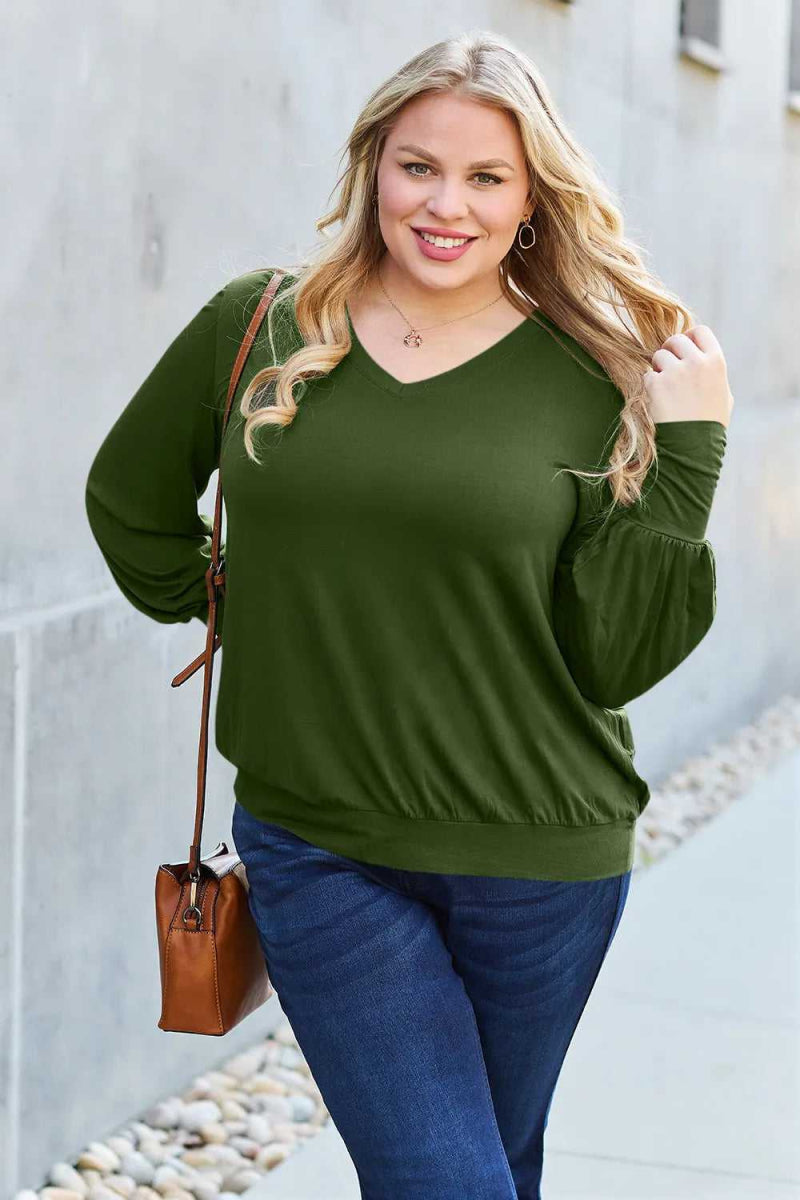 Basic Bae Full Size V - Neck Lantern Sleeve Top - Hopeford Streams