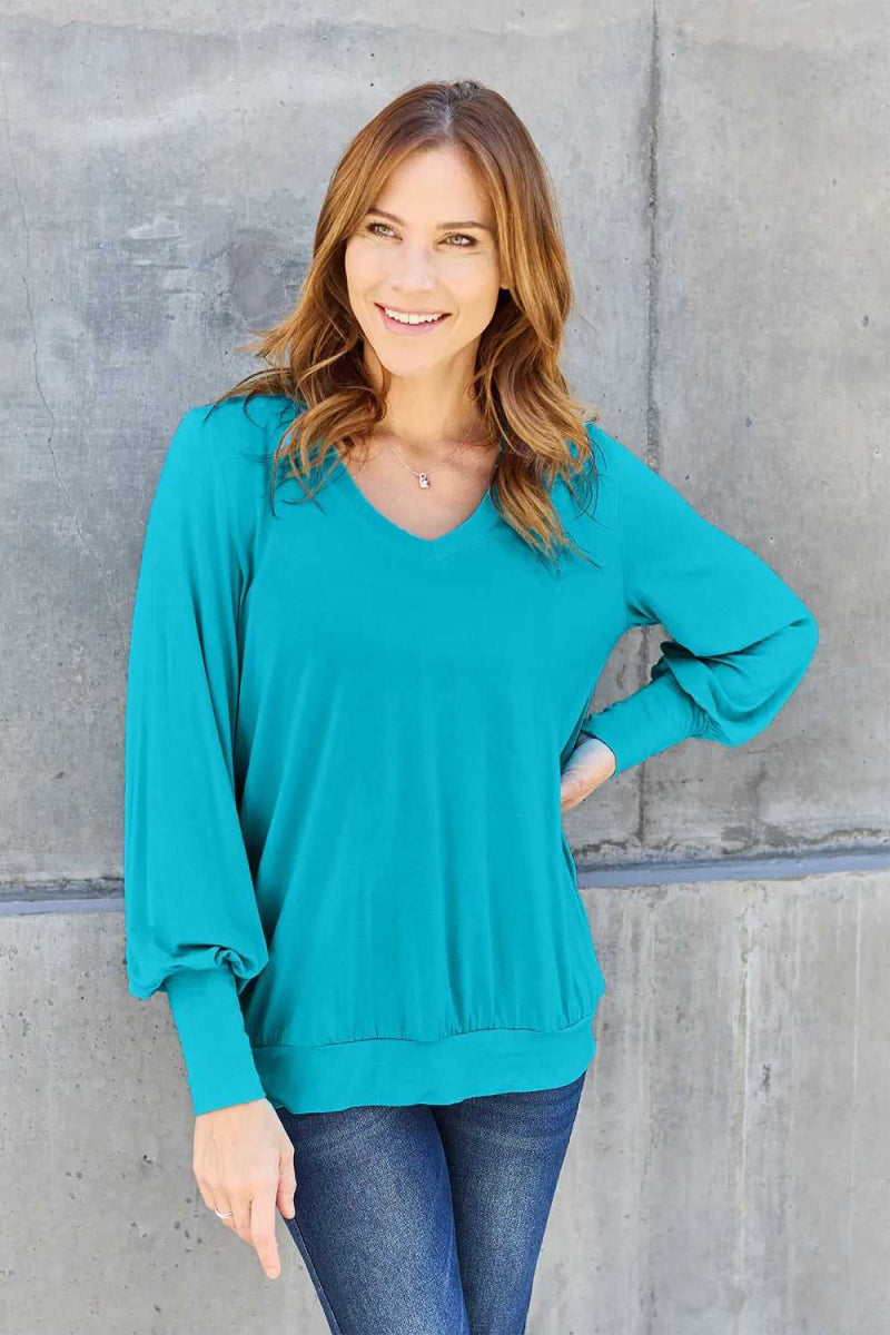 Basic Bae Full Size V - Neck Lantern Sleeve Top - Hopeford Streams