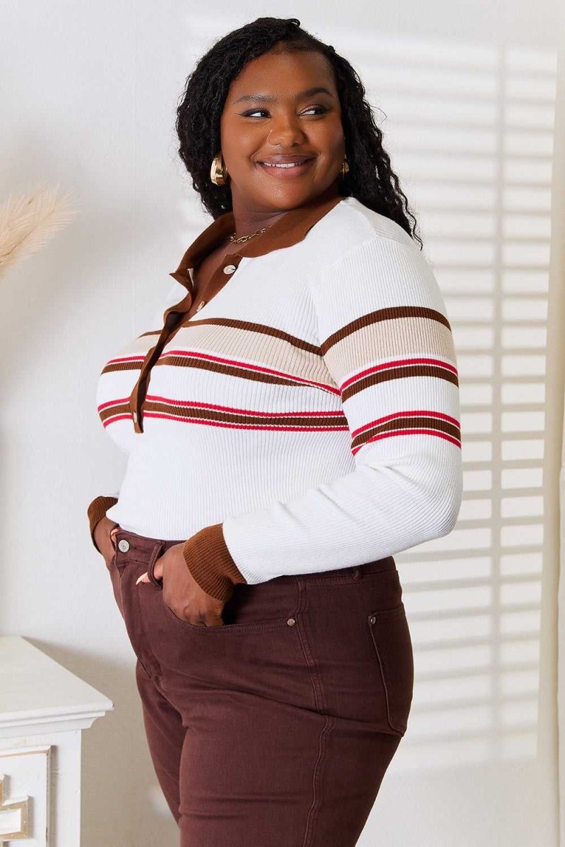Basic Bae Striped Collared Neck Rib - Knit Top - Hopeford Streams