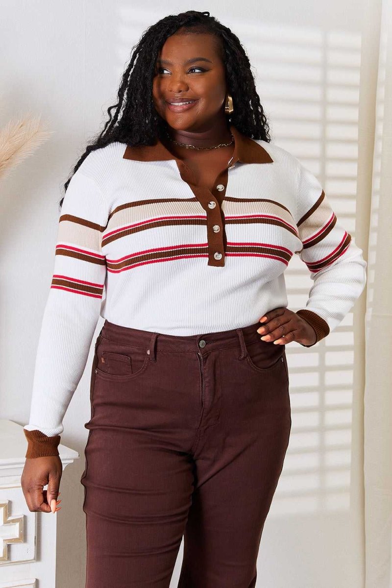 Basic Bae Striped Collared Neck Rib - Knit Top - Hopeford Streams