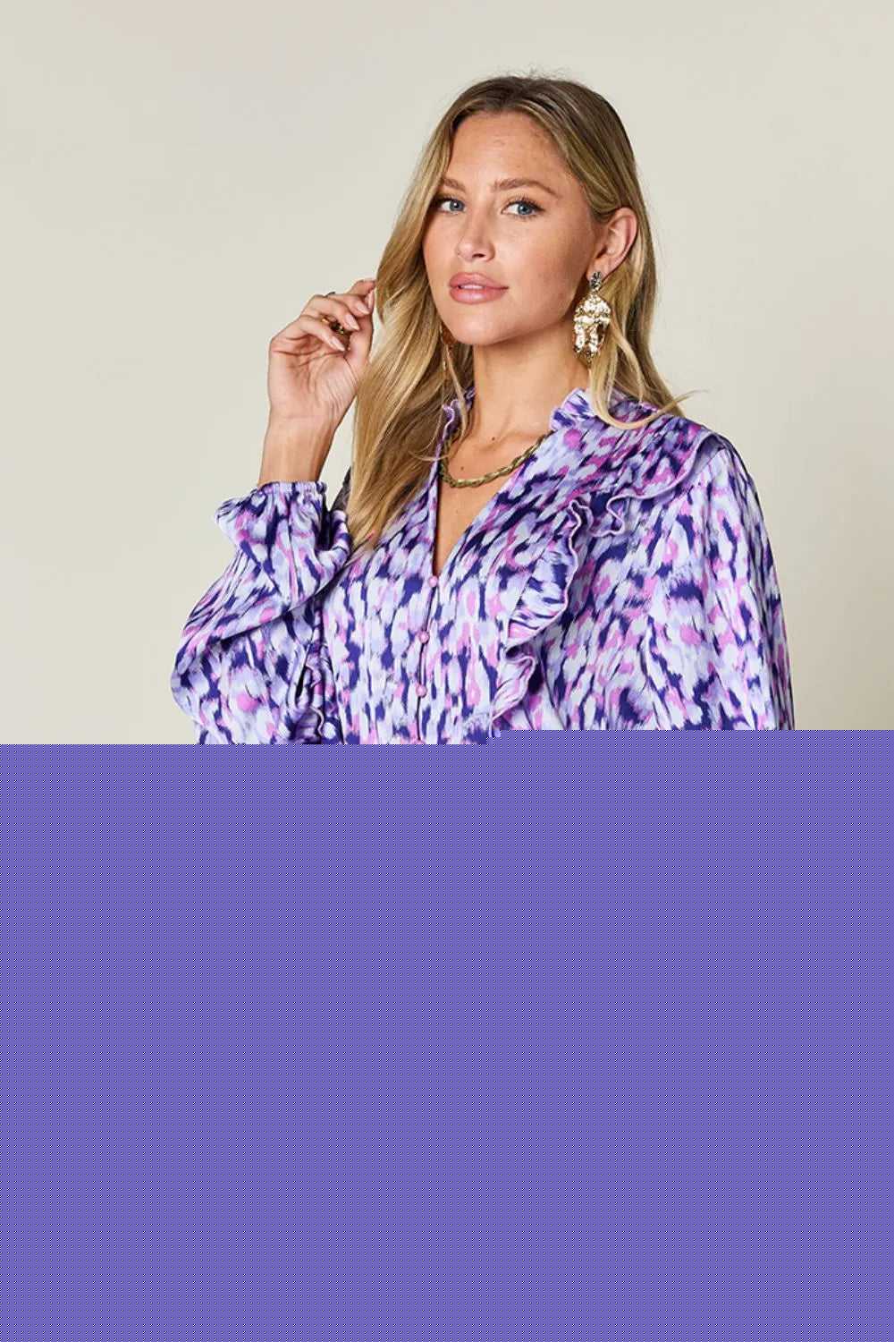 Double Take Full Size Printed Ruffle Trim Balloon Sleeve Shirt