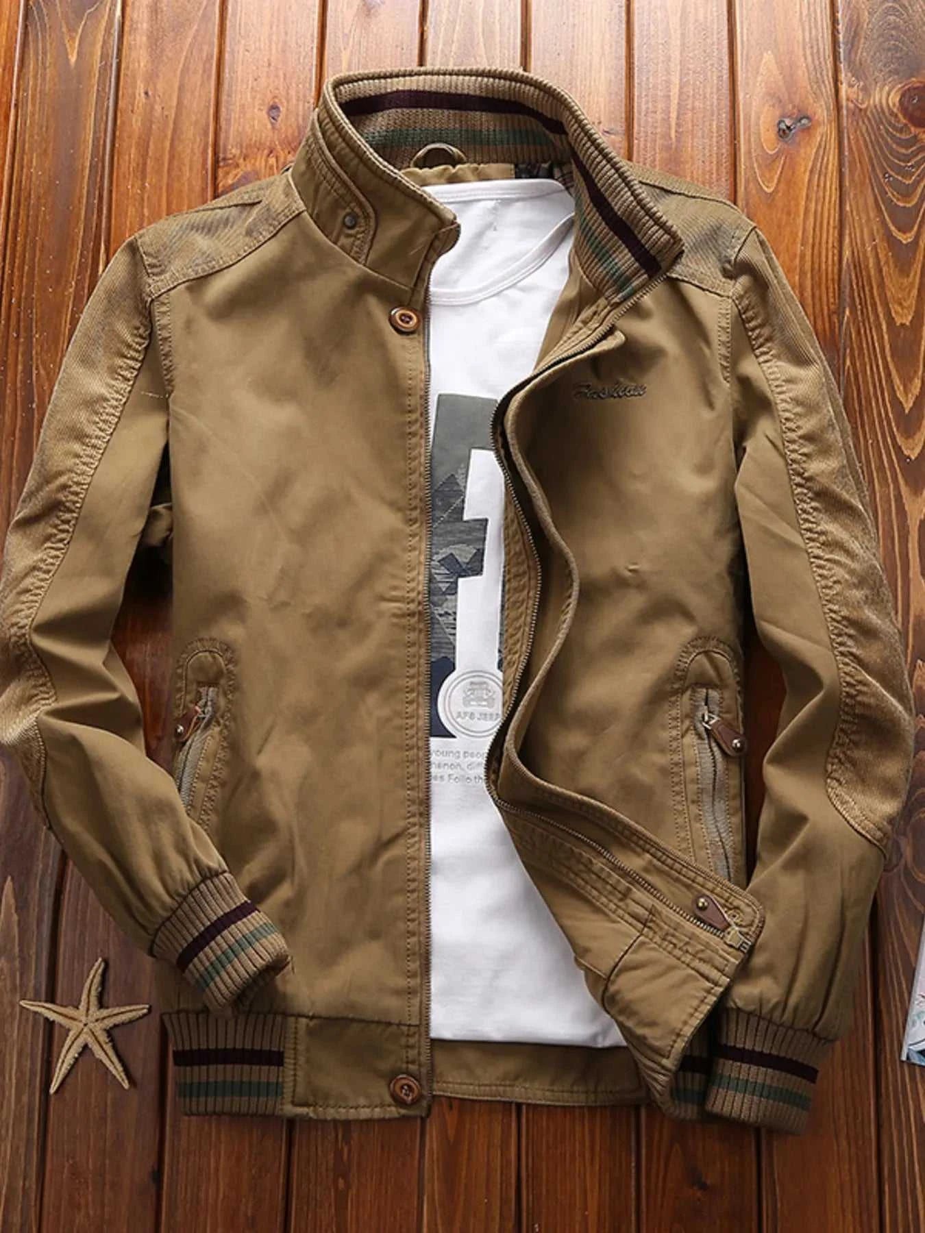 Men's Full Size Bomber Jacket with Ribbed Cuffs and Collar Plus Size