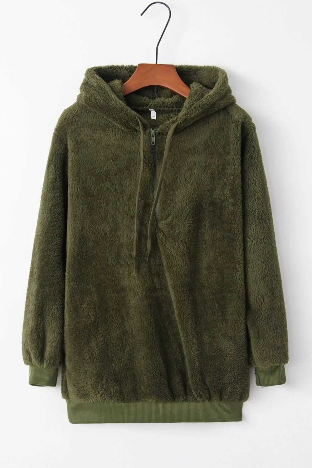 Full Size Quarter-Zip Drawstring Teddy Hoodie