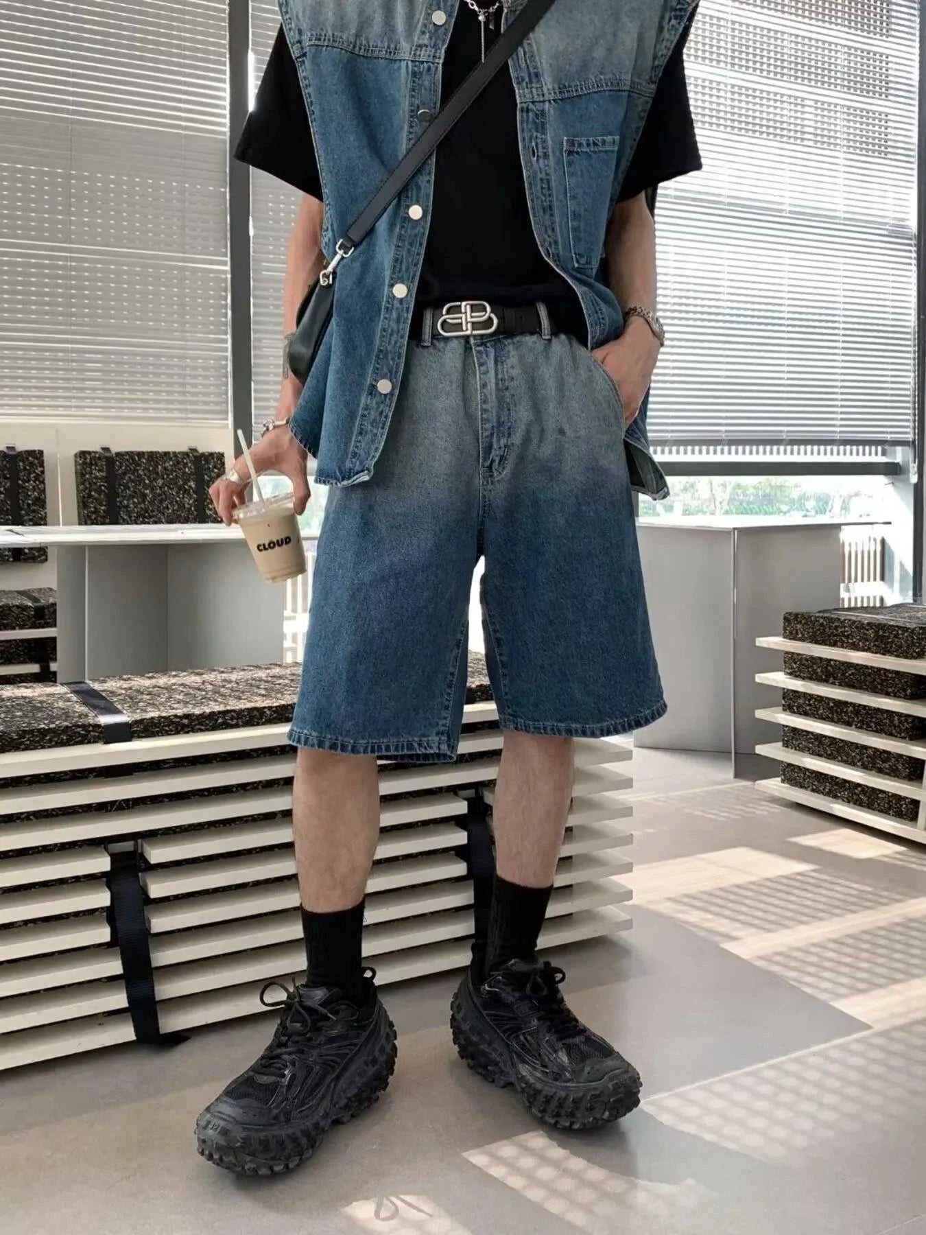 Men's Plus Size Button Up Vest and Shorts Denim Set