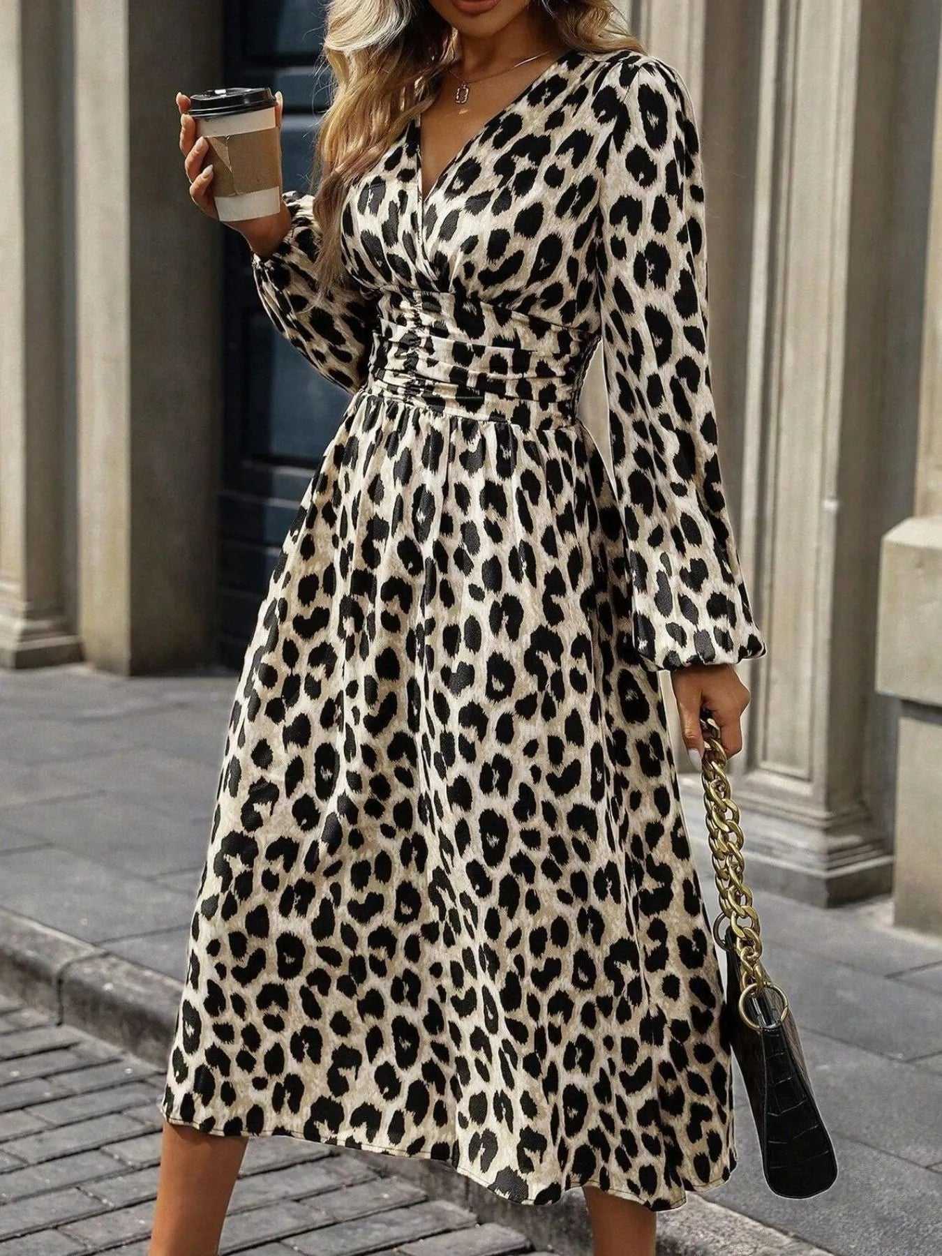 Leopard Print Long Sleeve Wrap Midi Dress