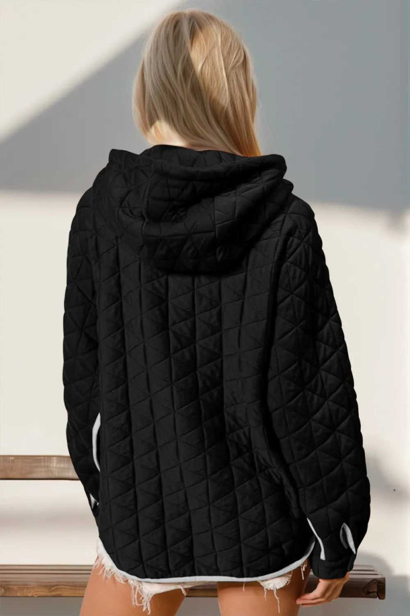 Double Take Contrast Trim Long Sleeve Half Snap Texture Hoodie with Pocket - Hopeford Streams