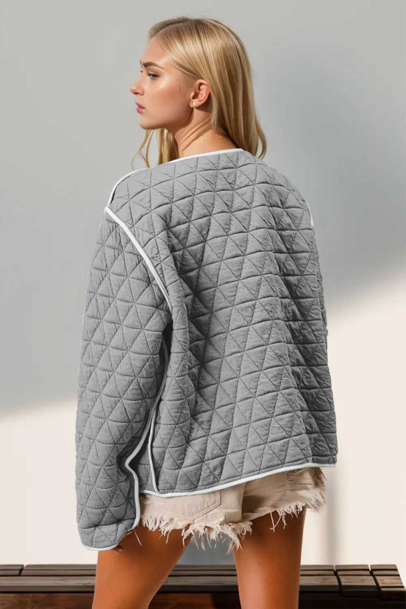 Double Take Contrast Trim Tie Front Quilted Jacket with Pockets - Hopeford Streams