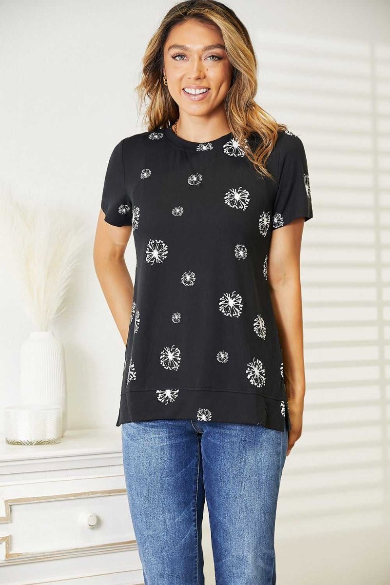 Double Take Dandelion Print Round Neck T-Shirt - Hopeford Streams