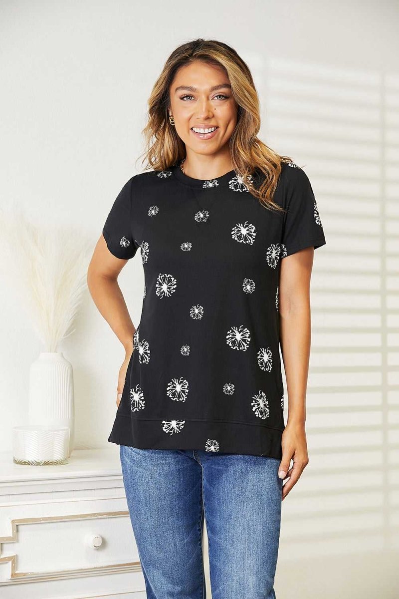 Double Take Dandelion Print Round Neck T-Shirt - Hopeford Streams