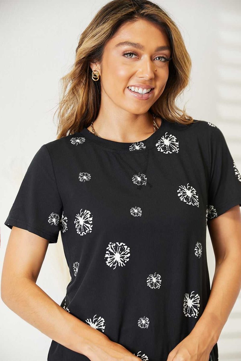 Double Take Dandelion Print Round Neck T-Shirt - Hopeford Streams