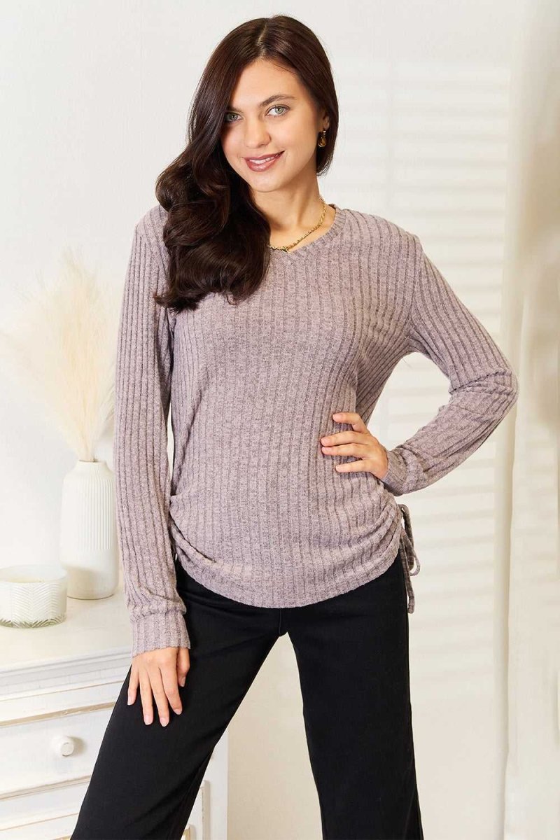 Double Take Drawstring Ribbed Long Sleeve T-Shirt - Hopeford Streams