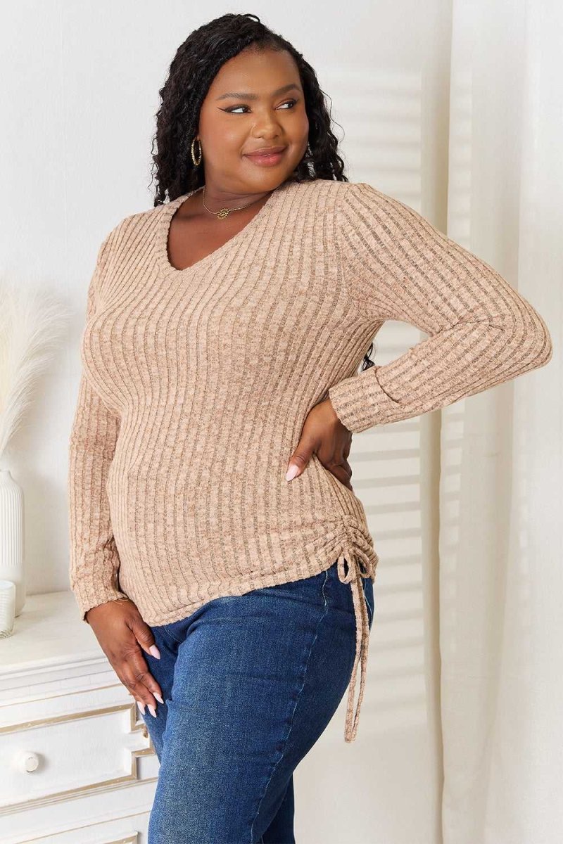 Double Take Drawstring Ribbed Long Sleeve T-Shirt - Hopeford Streams
